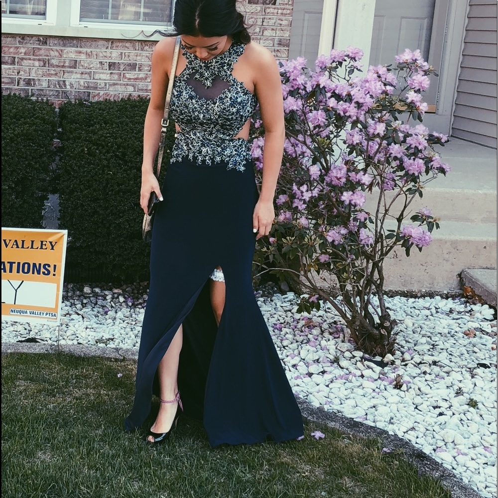 NAVY FLORAL JEWELED CAMILLE PROM DRESS